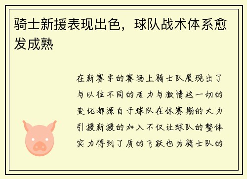 骑士新援表现出色，球队战术体系愈发成熟
