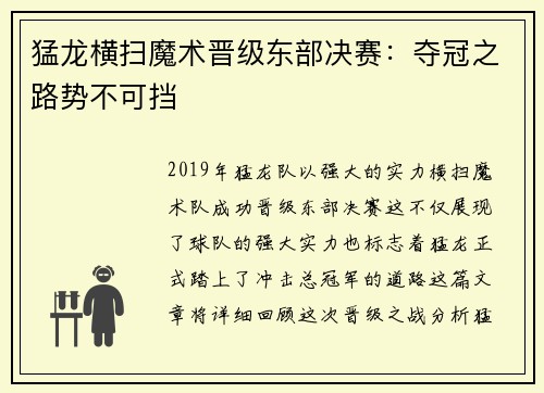 猛龙横扫魔术晋级东部决赛：夺冠之路势不可挡