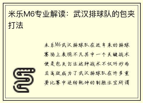 米乐M6专业解读：武汉排球队的包夹打法