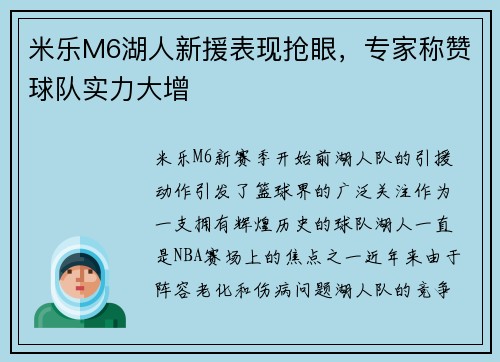 米乐M6湖人新援表现抢眼，专家称赞球队实力大增