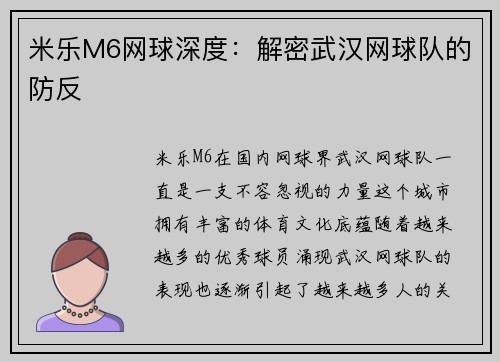 米乐M6网球深度：解密武汉网球队的防反