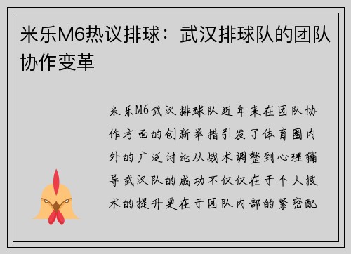 米乐M6热议排球：武汉排球队的团队协作变革