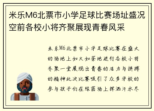 米乐M6北票市小学足球比赛场址盛况空前各校小将齐聚展现青春风采